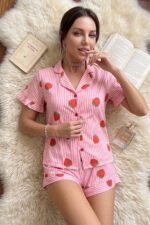 Strawberry Patterned Striped Short Sleeve Viscose Pajama Set