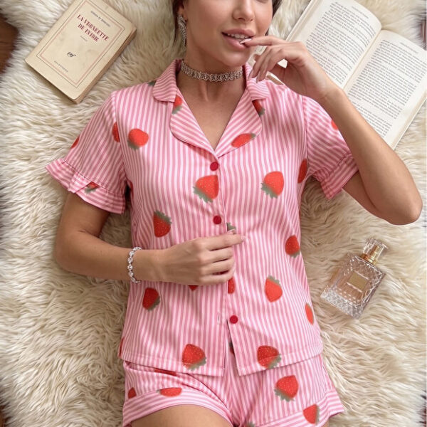 Strawberry Patterned Striped Short Sleeve Viscose Pajama Set