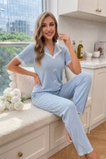 Blue Lace Collar Bow Detailed Short Sleeve Women's Pajama Set - Image 2