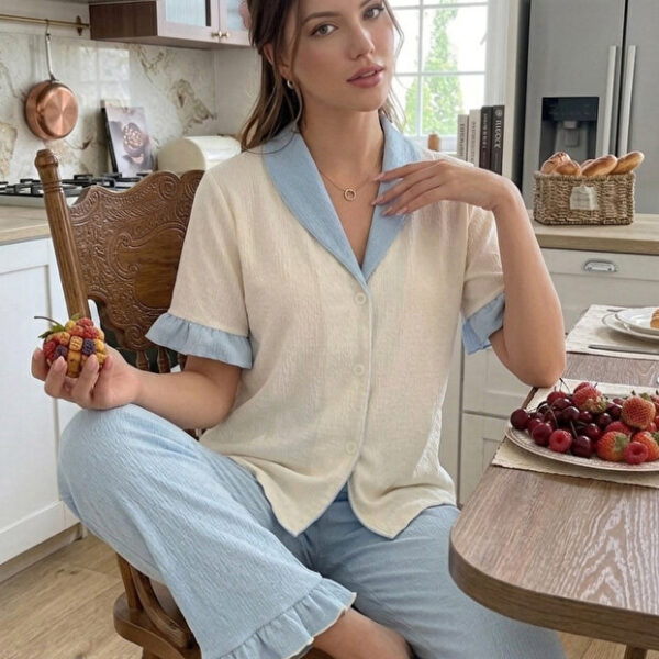 Blue Ruffle Detailed Buttoned V-Neck Summer Pajama Set