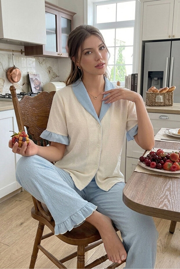 1_org_zoom-1012.jpg Blue Ruffle Detailed Buttoned V-Neck Summer Pajama Set - Image 1