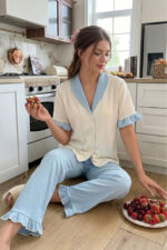 Blue Ruffle Detailed Buttoned V-Neck Summer Pajama Set - Image 3