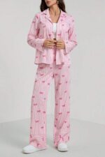 Pink Bow Printed Striped Pajama Set