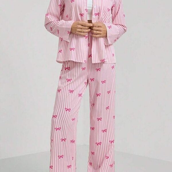 Pink Bow Printed Striped Pajama Set