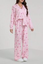 Pink Bow Printed Striped Pajama Set - Image 2