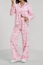 Pink Bow Printed Striped Pajama Set - Image 3