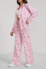 Pink Bow Printed Striped Pajama Set - Image 4
