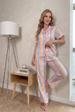 Striped Bowknot Patterned Short Sleeve Buttoned Women's Pajama Set - Image 3