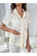 Floral Printed Pocket Detail Buttoned Daily Pajama Set - Image 3