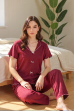 Cotton Burgundy V-Neck Summer Pajama Set