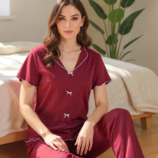 Cotton Burgundy V-Neck Summer Pajama Set