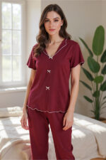 Cotton Burgundy V-Neck Summer Pajama Set - Image 2