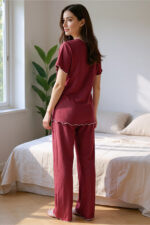 Cotton Burgundy V-Neck Summer Pajama Set - Image 3