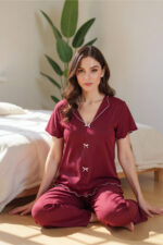 Cotton Burgundy V-Neck Summer Pajama Set - Image 4