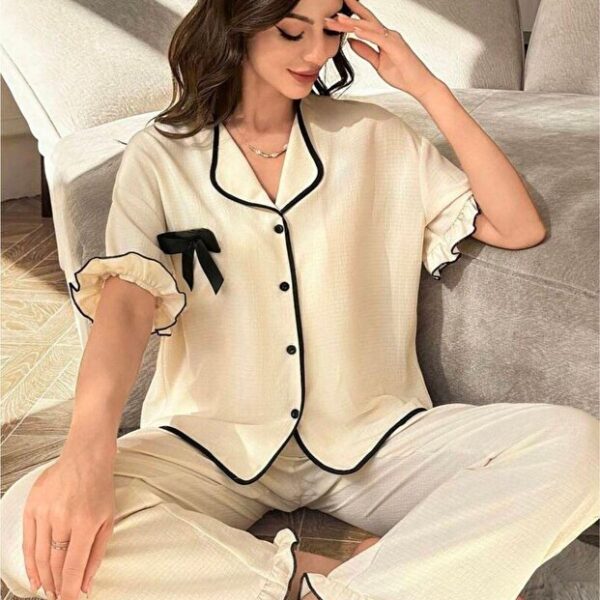 Short Sleeve Bow Detail Buttoned Pajama Set
