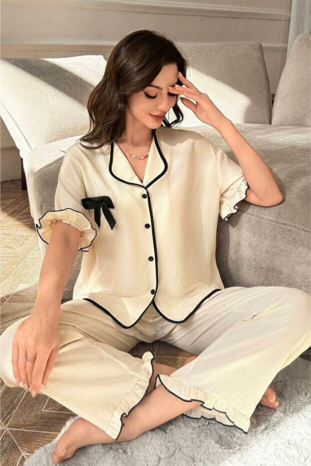 1_org_zoom-1060.jpg Short Sleeve Bow Detail Buttoned Pajama Set - Image 1