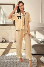 Short Sleeve Bow Detail Buttoned Pajama Set - Image 3