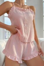 Dusty Pink Decorative Button Ruffled Shorts Pajama Set