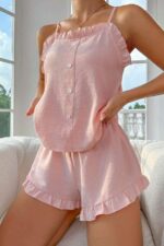Dusty Pink Decorative Button Ruffled Shorts Pajama Set - Image 3
