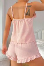 Dusty Pink Decorative Button Ruffled Shorts Pajama Set - Image 5