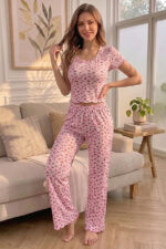 Bowknot Detailed Ruffled Short Sleeve Summer Pajama Set - Image 2