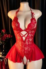 Red Halter Neck Bow Detailed Lace Nightgown
