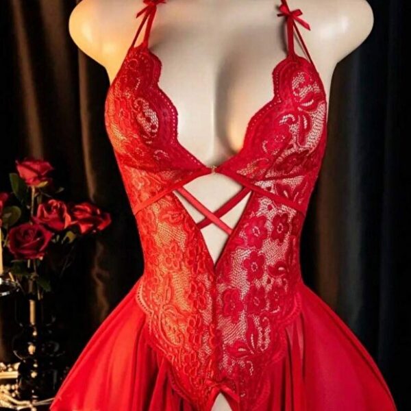 Red Halter Neck Bow Detailed Lace Nightgown