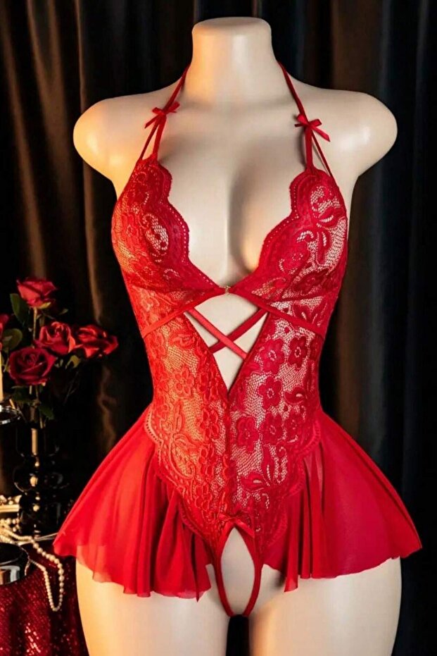 1_org_zoom-108.jpg Red Halter Neck Bow Detailed Lace Nightgown - Image 1