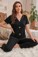 Cotton Black Bow Detail Transitional Pajama Set - Image 2