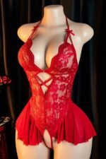 Red Halter Neck Bow Detailed Lace Nightgown - Image 2