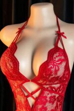 Red Halter Neck Bow Detailed Lace Nightgown - Image 3