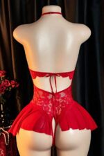 Red Halter Neck Bow Detailed Lace Nightgown - Image 4