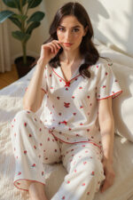 Cotton Patterned Cherry Print V-Neck Pajama Set