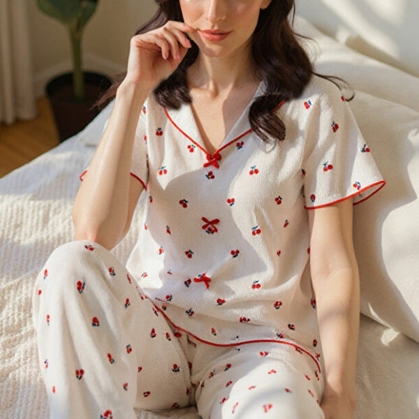 Cotton Patterned Cherry Print V-Neck Pajama Set