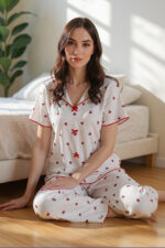 Cotton Patterned Cherry Print V-Neck Pajama Set - Image 2