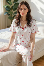 Cotton Patterned Cherry Print V-Neck Pajama Set - Image 3