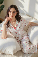 Cotton Patterned Cherry Print V-Neck Pajama Set - Image 4