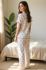 Cotton Patterned Cherry Print V-Neck Pajama Set - Image 5