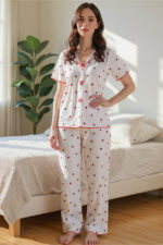 Cotton Patterned Cherry Print V-Neck Pajama Set - Image 6