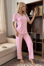 Pink Lace Collar Bow Detailed Short Sleeve Women's Pajama Set - Image 3