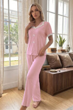 Pink Lace Collar Bow Detailed Short Sleeve Women's Pajama Set - Image 5