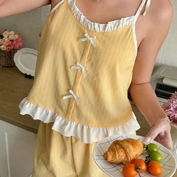 Yellow Ruffle and Bow Detailed Strappy Shorts Pajama Set