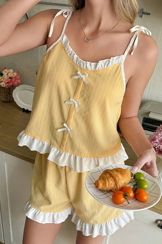 1_org_zoom-1124.jpg Yellow Ruffle and Bow Detailed Strappy Shorts Pajama Set - Image 1