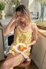 Yellow Ruffle and Bow Detailed Strappy Shorts Pajama Set - Image 4