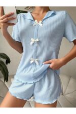 V-Neck Cotton Bow Detailed Pajamas Set