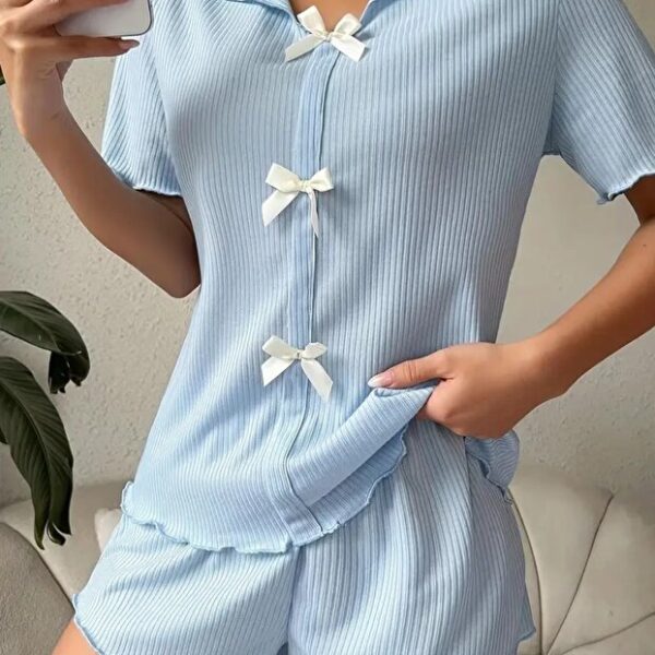 V-Neck Cotton Bow Detailed Pajamas Set