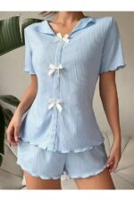 V-Neck Cotton Bow Detailed Pajamas Set - Image 2