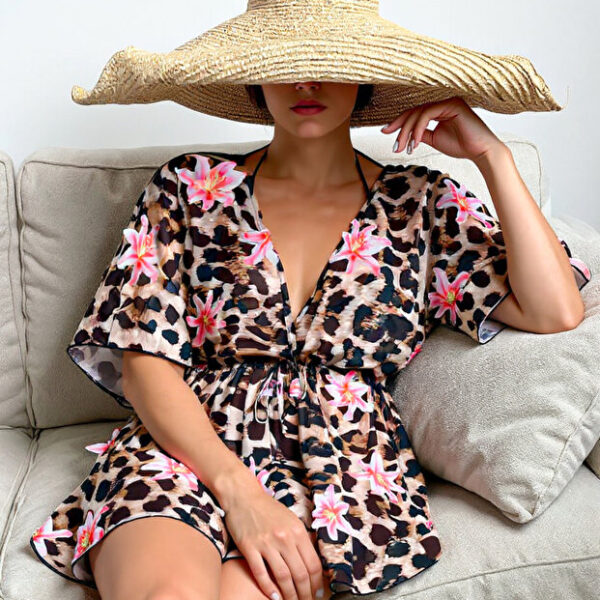 Leopard Printed Lace Detailed Pareo Beach Dress