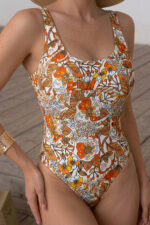 Brown Printed Square Neck Strap Swimsuit - Image 5