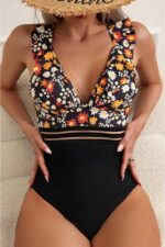 Women's Black Floral Patterned Tulle Detailed One Piece Swimsuit